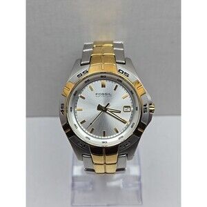 Mens Fossil Blue AM3998 Gold Silver Two Tone Date Watch 100M Quartz New Battery